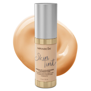 Mirabella Skin Tint Cream- Natural-looking foundation that is oil free & with medium coverage in bottle on white background with swatch