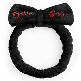 Mirabella Plush Headband in soft black color with Red Bella Babe print on white background for skincare routine