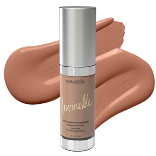 Mirabella's original Invincible Anti Aging HD Foundation in shade Dark with swatch of foundation behind the bottle on a white background.