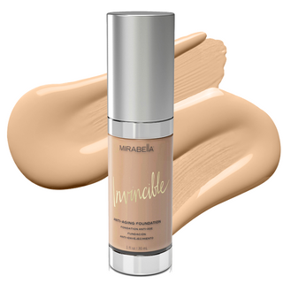 Mirabella's original Invincible Anti Aging HD Foundation in shade Light with swatch of foundation behind the bottle on a white background.