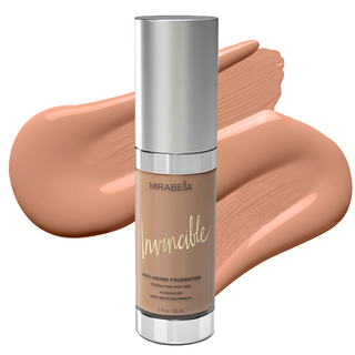 Mirabella's original Invincible Anti Aging HD Foundation in shade Medium with swatch of foundation behind the bottle on a white background.
