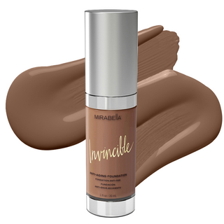 Mirabella's original Invincible Anti Aging HD Foundation in shade Mocha with swatch of foundation behind the bottle on a white background.