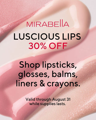 Mirabella Beauty promotional banner encouraging customers to shop the August Luscious Lips Event with 30% off all lip products.