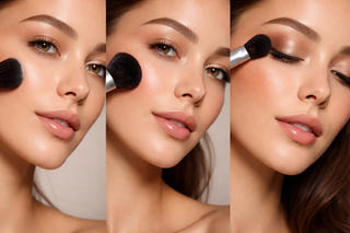 Three-panel beauty image of a model as Mirabella Beauty makeup brushes apply foundation, blush, and eyeshadow, showcasing smooth blending and a polished natural finish