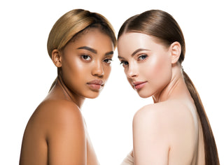 Beautiful Mirabella Beauty Model on white background with light pink makeup