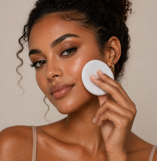 Woman demonstrates using Mirabella powder sponge to apply makeup to her face 