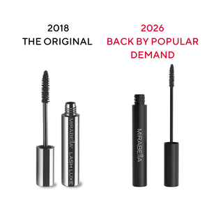 Comparison of the 2018 original Mirabella Lash Luxe Mascara and the 2026 Lash Luxe Legacy mascara relaunch.