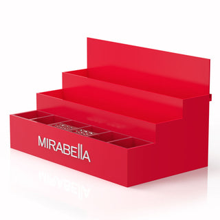Mirabella ICON display in signature red with modular shelves designed for pro artists to customize product flow in a compact studio or retail space.
