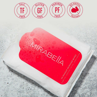 Mirabella's Makeup Remover Wipes shown on a concrete gray background with signature red and white logo.