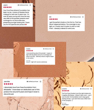 Customer reviews praising Mirabella Pure Press mineral foundation powder as a 15-year cult favorite for flawless skin and lasting coverage.