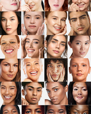 Collage of diverse faces showcasing Mirabella Invincible for All Foundation on multiple skin tones, highlighting inclusive beauty.