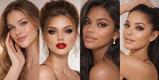 Four models with diverse skin tones wearing Mirabella makeup, showcasing glowing skin, soft glam eyes, rosy cheeks, & glossy lips in a clean editorial style