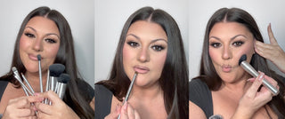 Natalie Ventola demonstrating Mirabella Beauty Professional Makeup Brushes, showcasing face and lip application techniques against a clean, neutral background.