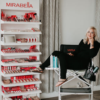 Elegant, customizable Mirabella makeup displays for showcasing cosmetic products in salons, spas, cosmetology schools
