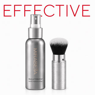 Mirabella bulletproof matte finishing spray paired next to Multi-tasking Retractable Kabuki Style Professional Makeup Brush