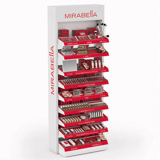 Elegant, customizable Mirabella makeup displays for showcasing cosmetic products in salons, spas, cosmetology schools