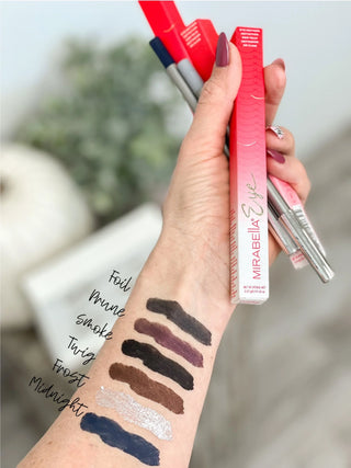 Mirabella swatches of eyeliner makeup - offering smooth, precise lines with all-day wear and smudge-proof finish
