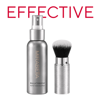 Mirabella bulletproof matte finishing spray paired next to Multi-tasking Retractable Kabuki Style Professional Makeup Brush