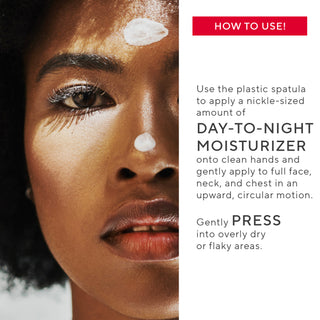 Close-up of Mirabella model with moisturizer on nose & forehead, alongside details on how to use it, including pressing lotion into overly dry skin.
