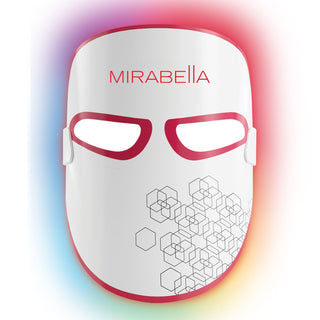White LED face mask with red accents and 'Mirabella' branding on a white background.