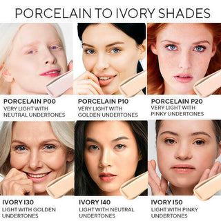 Invincible for All Anti Aging HD Foundation shades Ivory to Porcelain models that accurately show the shade with swatch next to face for comparison.