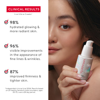 All-In-One Clarifying Serum clinical result callouts are on-top of white background, with model's face up close & holding sleek bottle packaging.