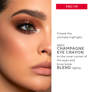 Mirabella model with a beautiful inner eye highlight alongside a Pro Tip to apply the Champagne Eye Crayon to the inner eye & brow bone.