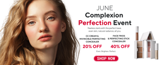 Advertisement for a makeup brand's 'June Complexion Perfection Event' with a woman's face and product display.