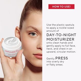 Image showing up close of the Model holding Mirabella's new Day to Night+ Moisturizer and instructions how to use the cream.