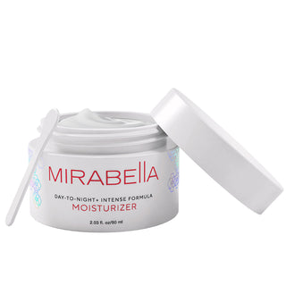 Image of Day to Night+ Moisturizer by Mirabella Beauty showing the product's whipped texture and small spoon applicator.