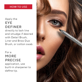 Up-close Mirabella model with smoky eyeliner alongside instructions on how to use the Eye Definer pencils to create smudged or precise eyeliner looks.