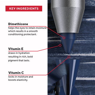 Mirabella Eye Definer swatch on a white background alongside key ingredient callouts like Vitamin C & E for added hydration that boosts pigment wear.