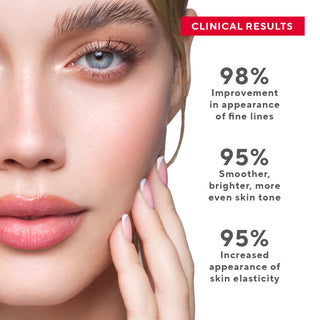Invincible For All Anti Aging Hd Foundation Clinical Result callouts in white atop a model's face up close.