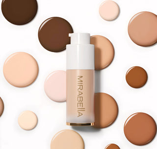 Mirabella Invincible For All Anti-Aging HD Foundation: bottle with shade circles for all skin tones, set against a white background.