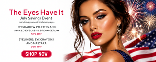 Mirabella Beauty July Eye Makeup Sale banner featuring eyeshadow palettes, mascara, eyeliner and brow serum up to 50% off.
