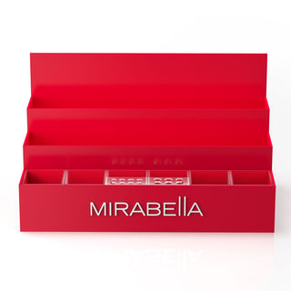 Front view of Mirabella ICON display, a fully customizable merchandising fixture for professional makeup artists and licensed beauty professionals.