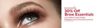 Mirabella 30% Off Brow Essentials promotional banner featuring defined natural brow and lashes with line define sculpt shape message and sale end date