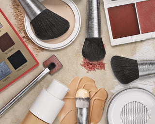 Image of Mirabella Beauty makeup and vegan, cruelty-free makeup brushes on a table.
