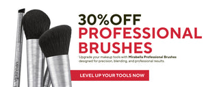 Mirabella Professional makeup brushes shown beside a 30% off promotion, highlighting precision tools and a call to level up your makeup routine.