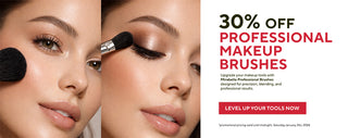 Mirabella professional makeup brushes banner featuring model applying makeup, clean glowing skin, and text promoting 30 percent off professional makeup brushes.