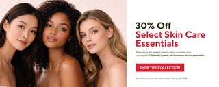 Three diverse women with natural makeup beside text reading 30% off select Mirabella skin care essentials and Shop the Collection button.