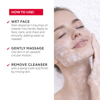How to use Mirabella Skinphony Pro Face Cleanser steps with model gently cleansing face and instructions for wet face massage and rinse