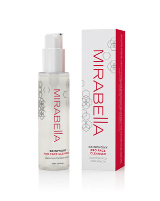 Mirabella Skinphony Pro Face Cleanser bottle with pump and matching retail box on white background, clean professional skincare packaging, harmony for skin health.