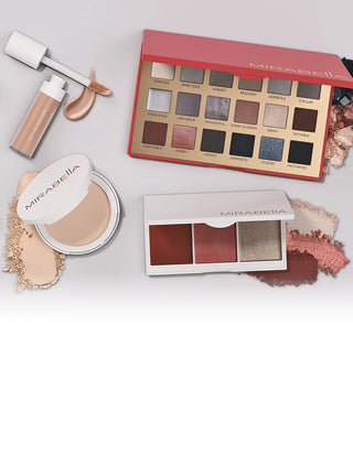 Image of Mirabella Beauty talc-free eyeshadow, mineral pressed powder foundation, concealer, and blushes.