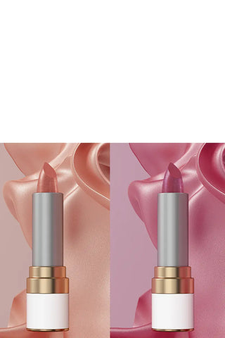 Mirabella Beauty Soft Satins Lipsticks displayed with peach and rose satin fabric background highlighting luminous, soft shimmer color tones.