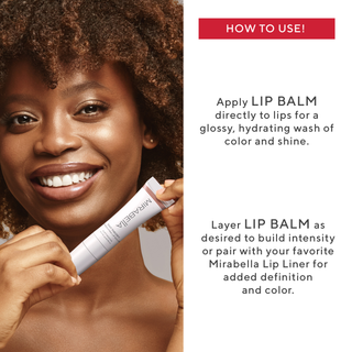 Mirabella Tint Theory Hydrating Lip Balm shown on model; glossy hydrating lip balm application steps for smooth, shiny lips.