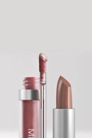 Mirabella nude lipstick and pink shimmer lip gloss close-up, showcasing lip favorites featured in The Lip Edit 30% off promotion.