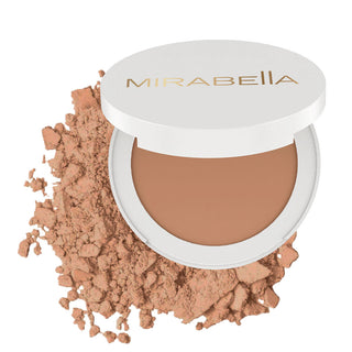 Mirabella Beauty Invincible For All Pure Press Foundation in Medium M9, warm honey shade with demi-matte coverage and makeup with skincare.