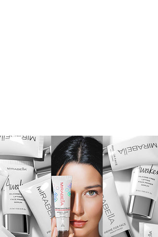 Mirabella Beauty’s full primer lineup displayed on a clean, white background featuring Prime for Face, Awaken Primer, and Hydrate • Prime • Protect SPF 30.