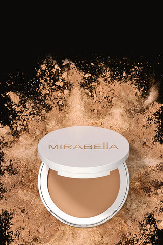 Mirabella Pure Press powder foundation compact on textured powder background, highlighting 30% off promo.